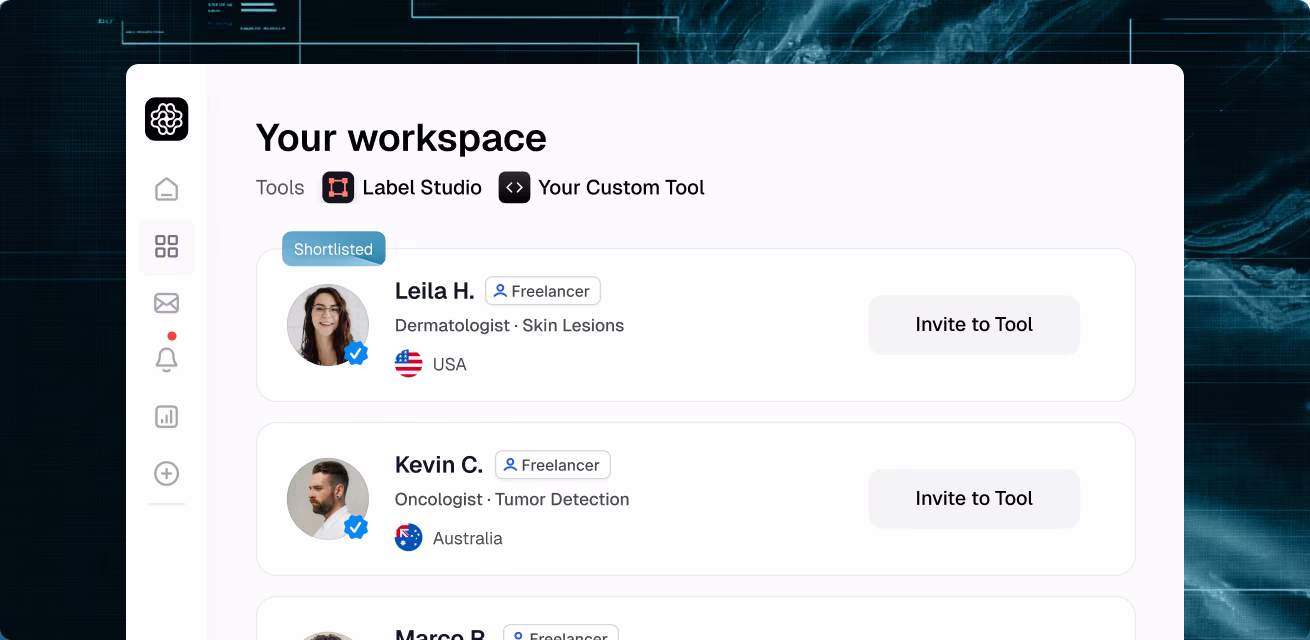 OpenTrain workspace showing shortlisted medical imaging specialists in dermatology and neurology ready to invite to your annotation tools.