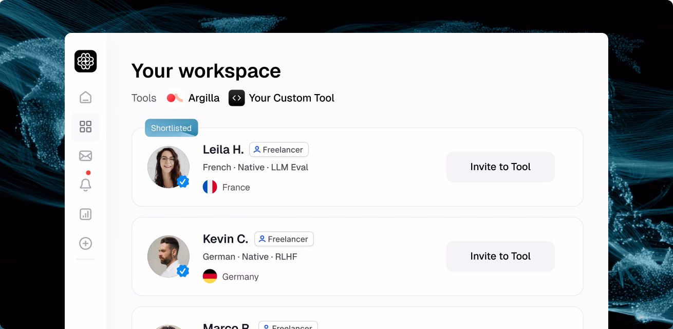 OpenTrain workspace showing shortlisted multilingual AI trainers with native fluency in French and German ready to invite to your tools.