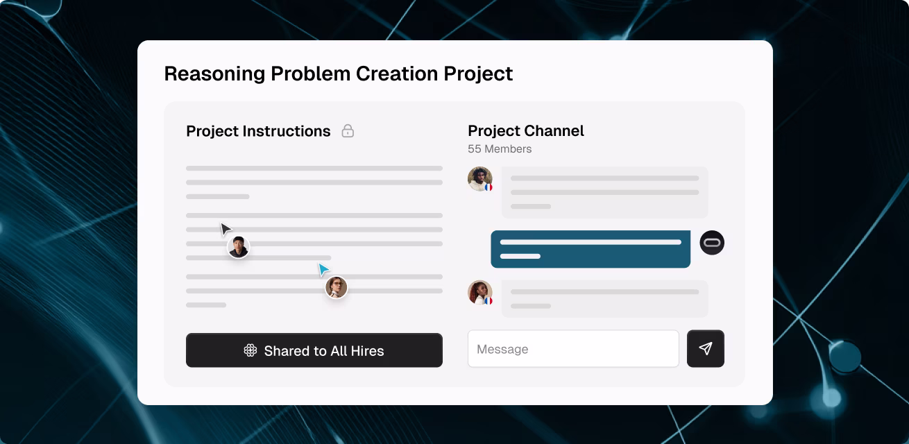 OpenTrain project hub for Reasoning Problem Creation showing project instructions editor with collaborative cursors and team chat channel with 55 members.