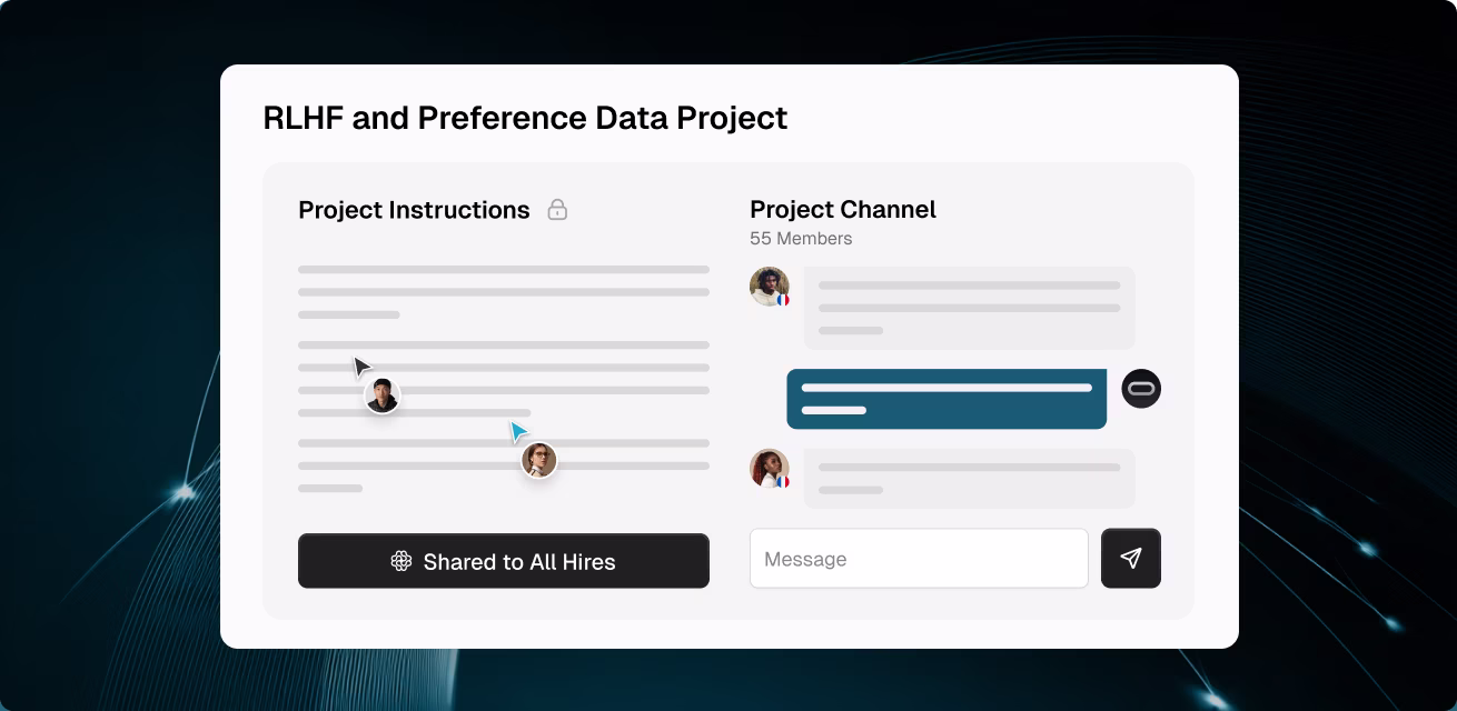 OpenTrain project hub for RLHF and Preference Data showing collaborative project instructions editor and team chat channel with 55 members.
