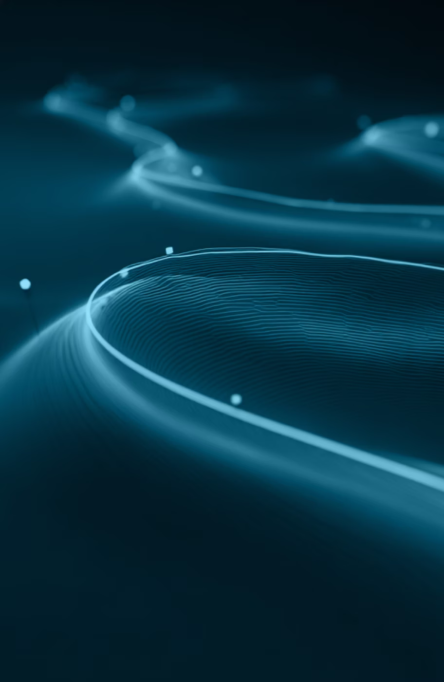 Abstract dark teal background with flowing light waves and particles representing AI data flows and preference modeling.