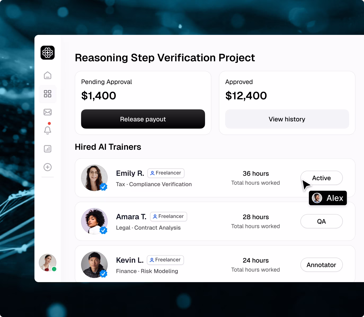 OpenTrain project dashboard for reasoning step verification showing pending and approved payouts with hired AI trainers specializing in tax compliance, legal contract analysis, and financial risk modeling verification tasks.