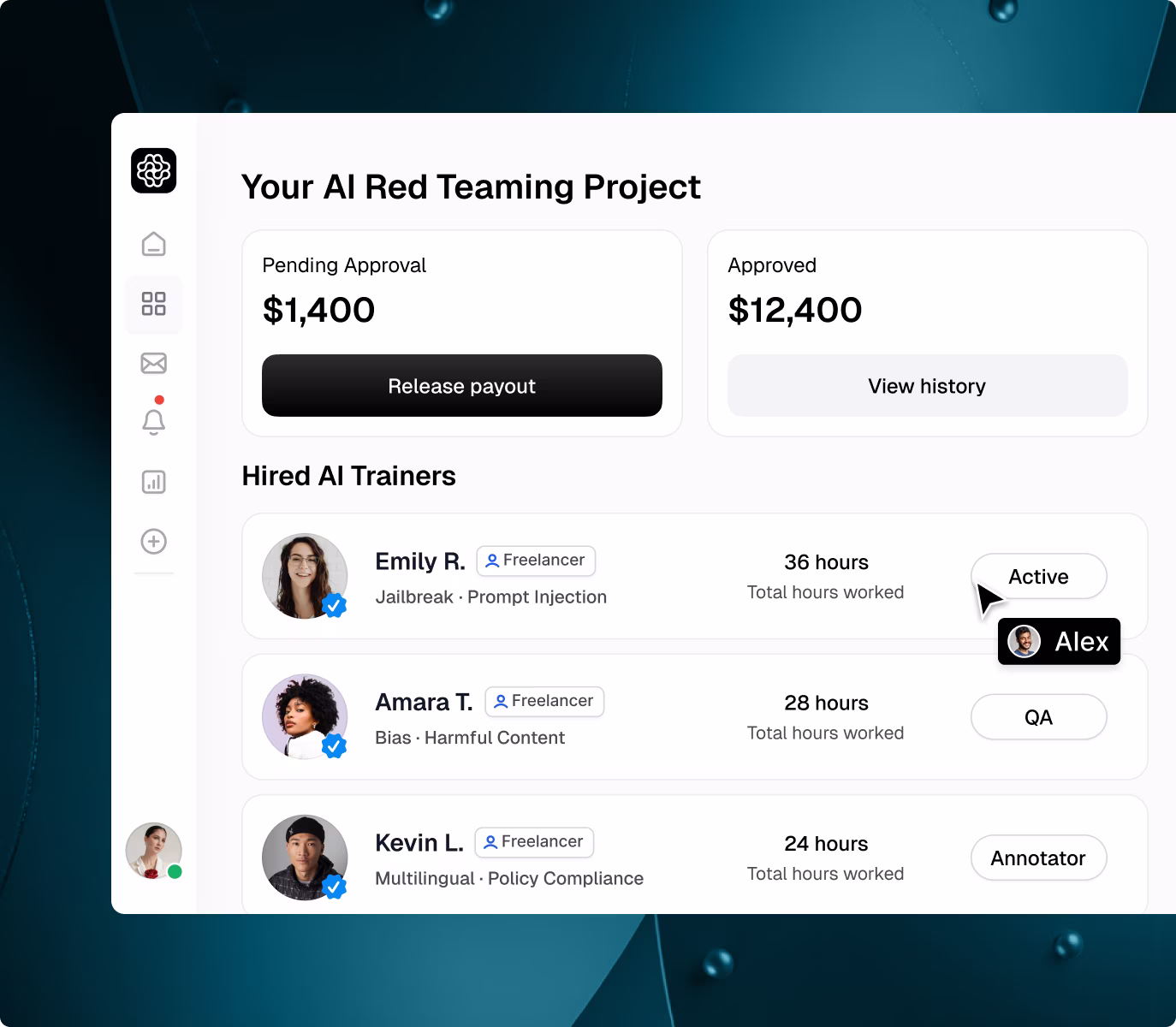 OpenTrain project dashboard for AI red teaming showing pending and approved payouts with hired AI trainers specializing in jailbreak testing, bias detection, and multilingual policy compliance.