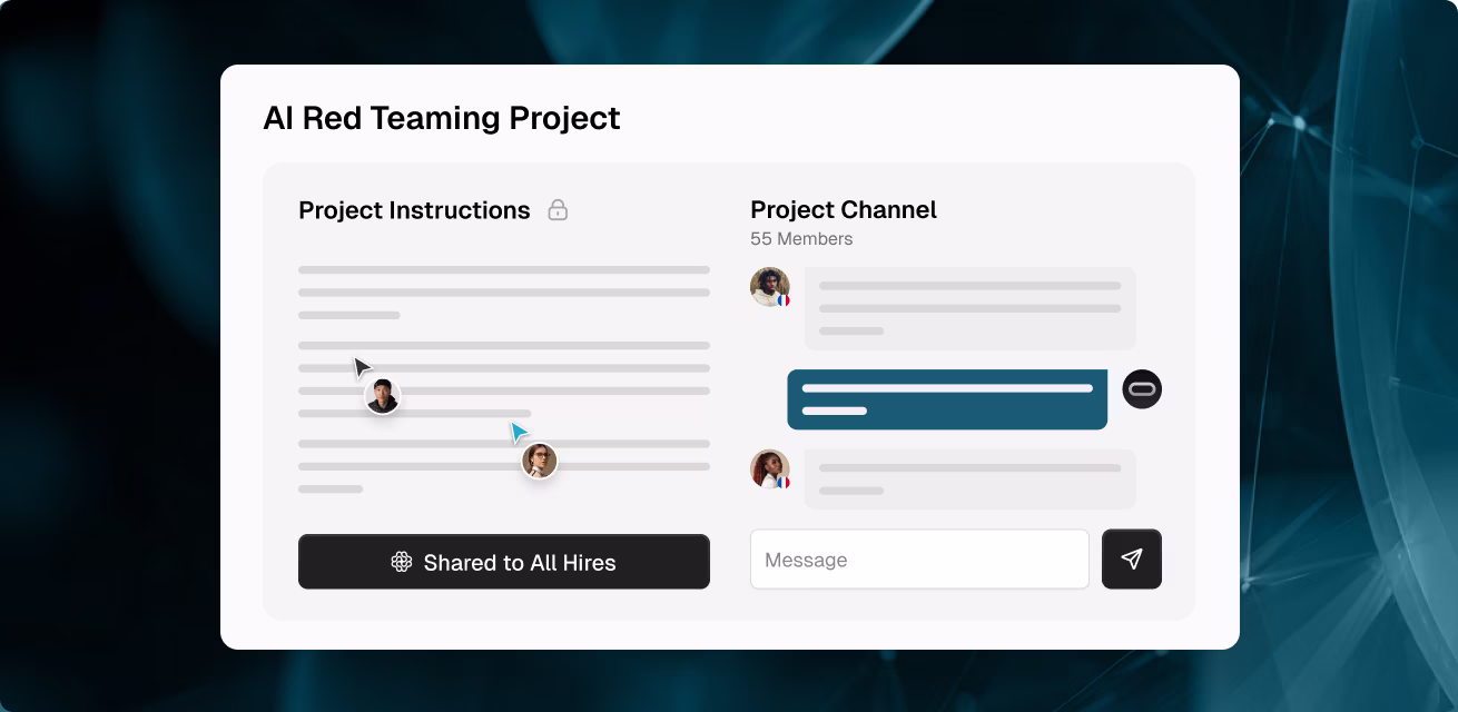 OpenTrain project hub for AI red teaming showing shared instructions editor and team chat channel with 55 members.