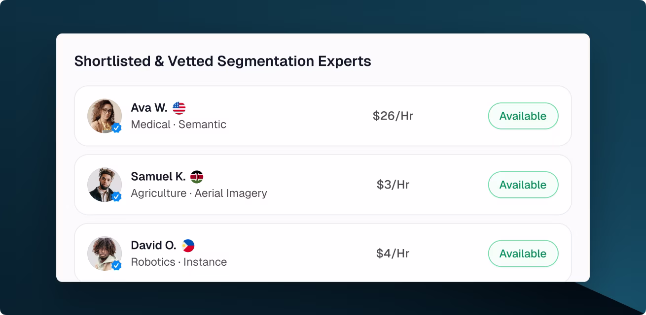 OpenTrain shortlist showing vetted segmentation experts from the US, Kenya, and Philippines with specializations in medical imaging, agriculture, and robotics available for hire with hourly rates.
