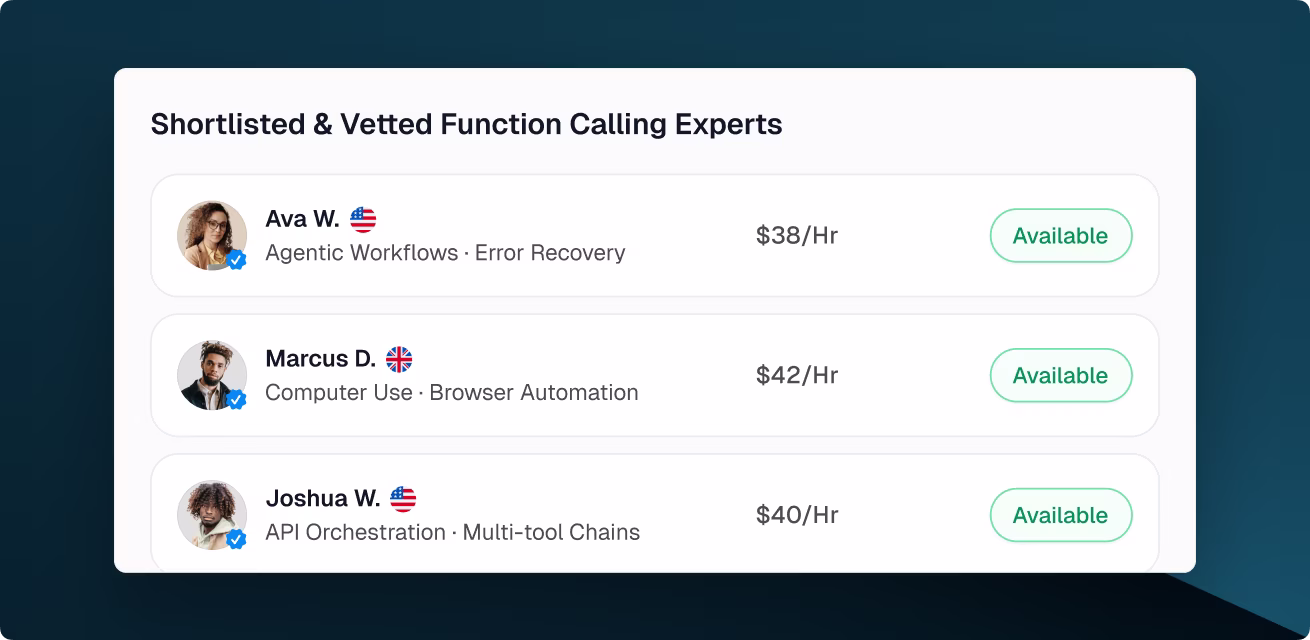OpenTrain shortlist showing vetted function calling evaluation experts from the US and UK specializing in agentic workflows, computer use, and API orchestration available for hire with hourly rates.
