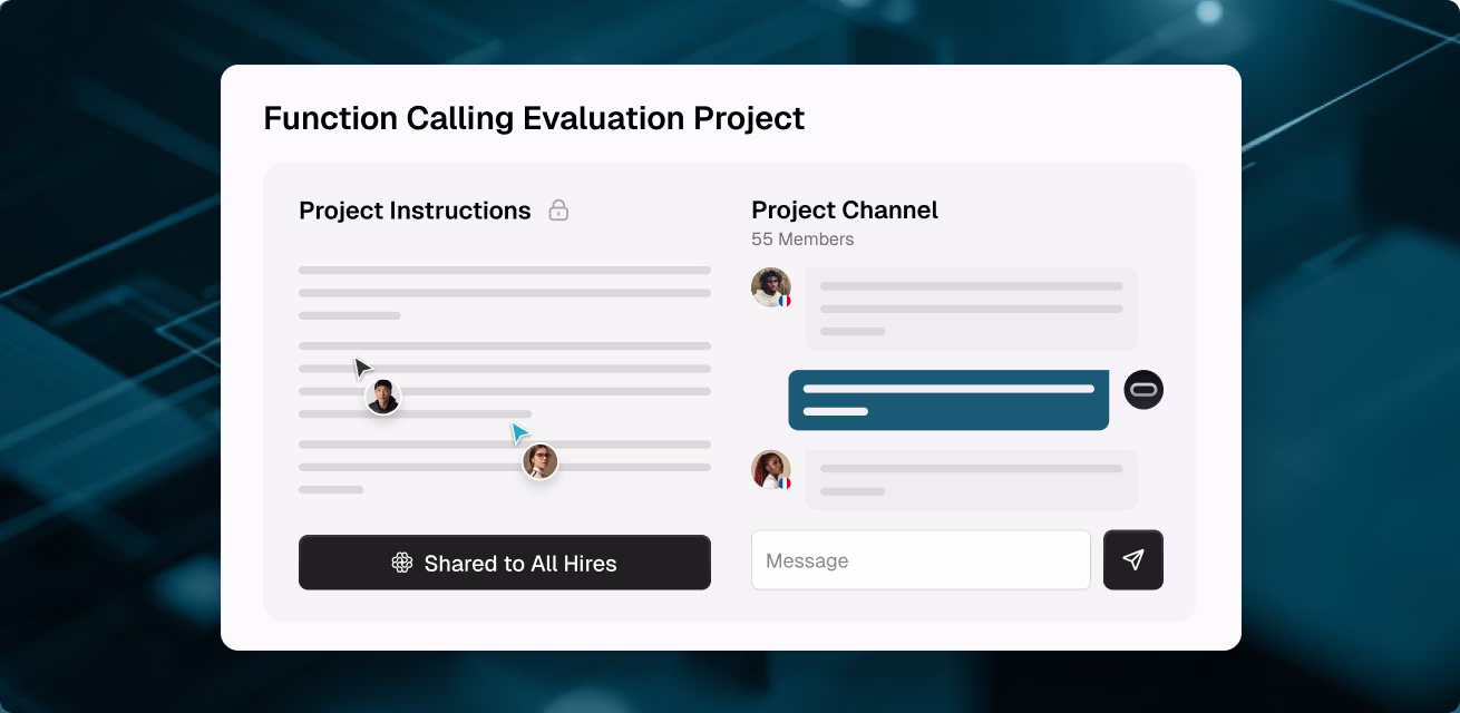 OpenTrain project hub for function calling evaluation showing shared instructions editor and team chat channel with 55 members.