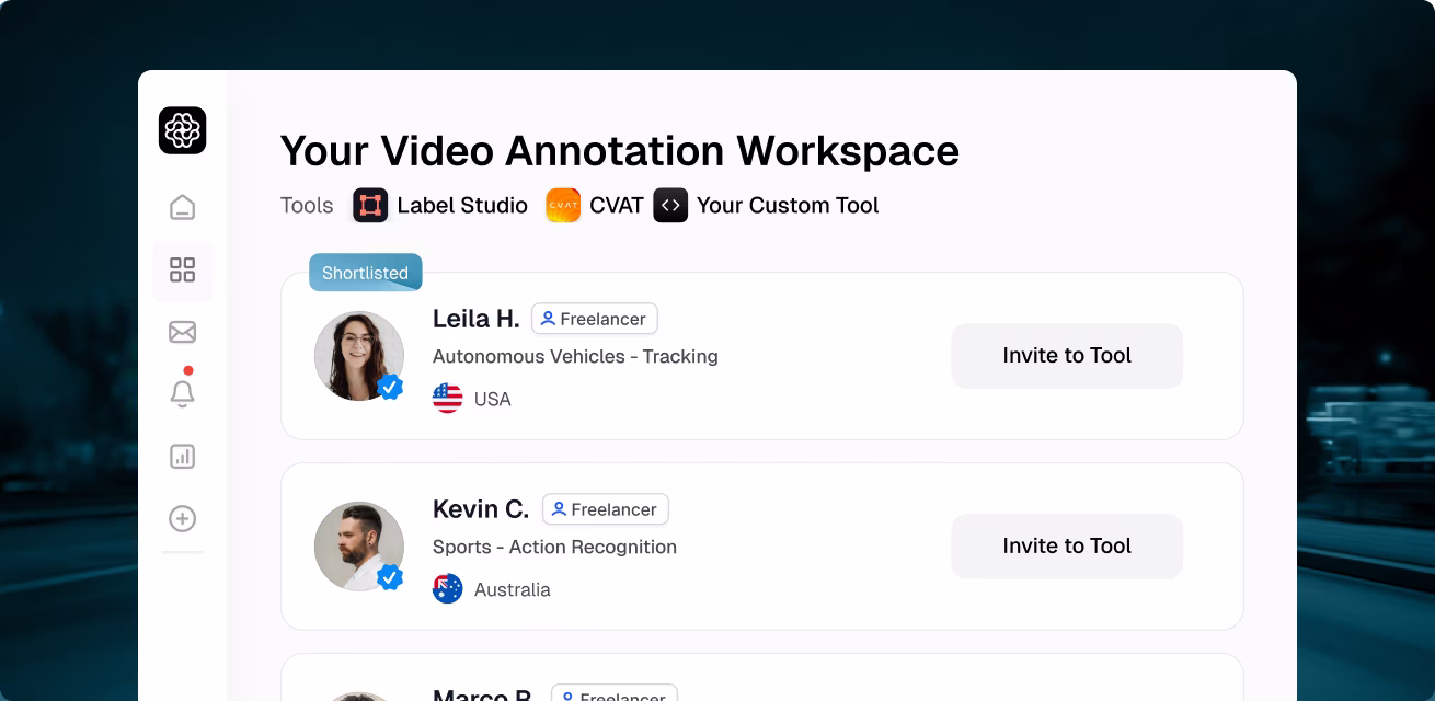 OpenTrain workspace showing shortlisted video annotation labelers from the US and Australia ready to invite to any annotation platform or custom tooling.