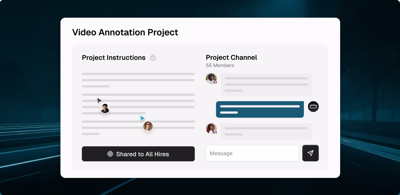 OpenTrain project hub for video annotation showing shared instructions editor and team chat channel with 55 members.