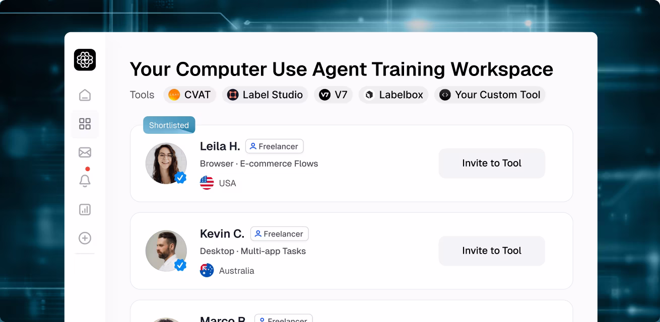 OpenTrain workspace for computer use agent training with global AI trainers ready to work in any evaluation platform or custom tool.
