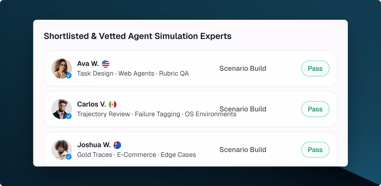 OpenTrain shortlist of vetted agent simulation AI trainers showing multi-turn, role-based, outcome scoring specialists who have passed scenario build tests.