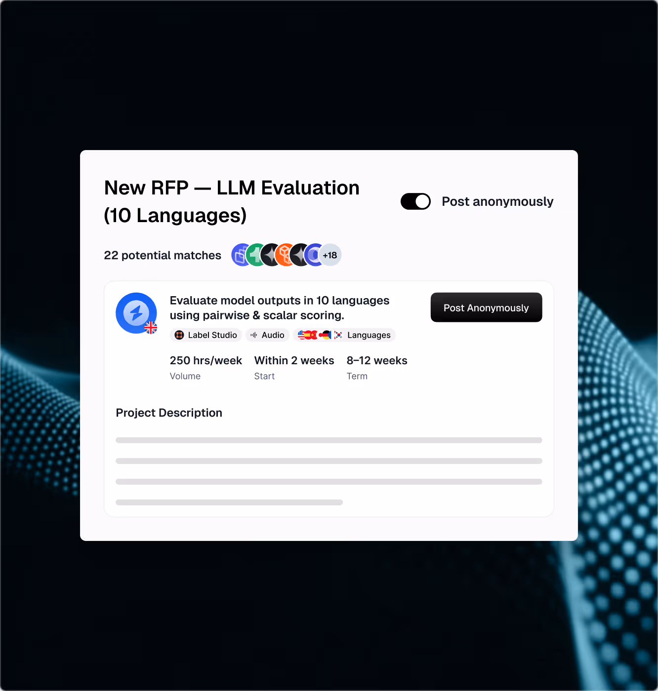 OpenTrain anonymous RFP for LLM evaluation in 10 languages with private proposal review and vendor messaging.