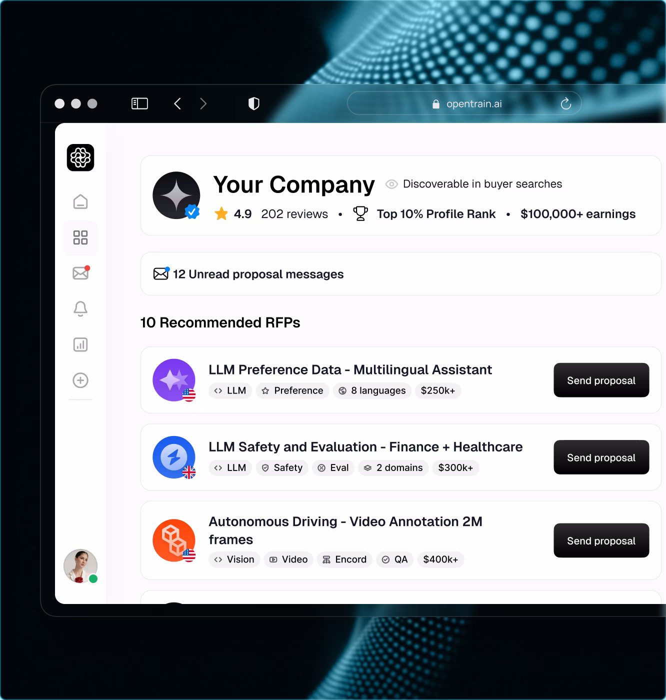 OpenTrain vendor dashboard with matched RFPs for LLM preference data, safety evaluation, and 2M frame video data labeling with $100,000+ earnings.