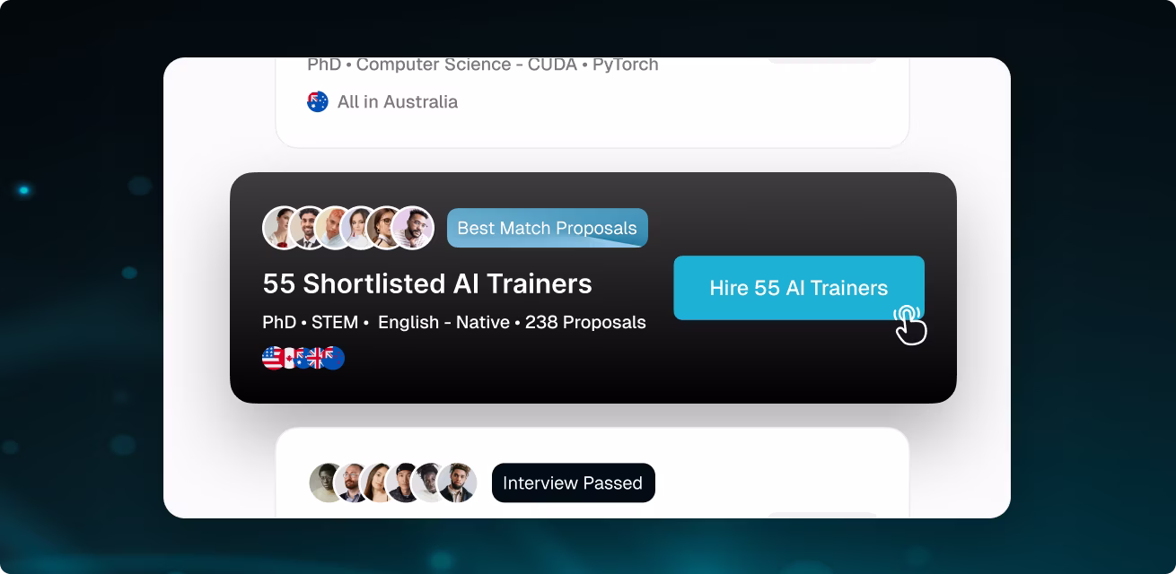 OpenTrain shortlist showing matched AI trainers and data labelers with PhD and STEM credentials