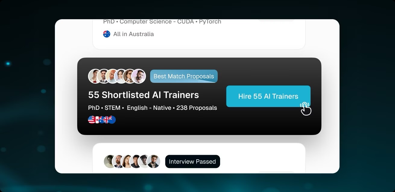 OpenTrain shortlist showing matched AI trainers and data labelers with PhD and STEM credentials