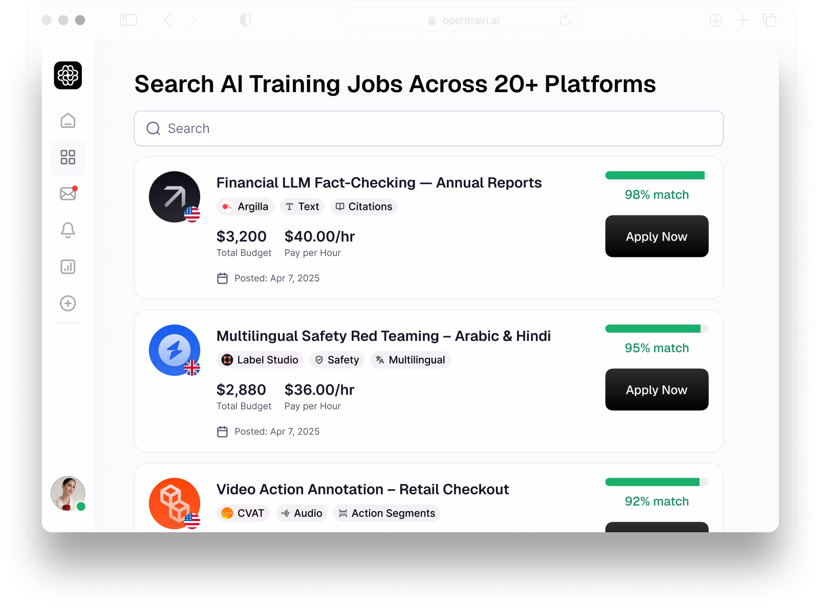 OpenTrain job search interface showing AI training and data labeling jobs from multiple platforms with match percentages, hourly rates, and apply buttons.