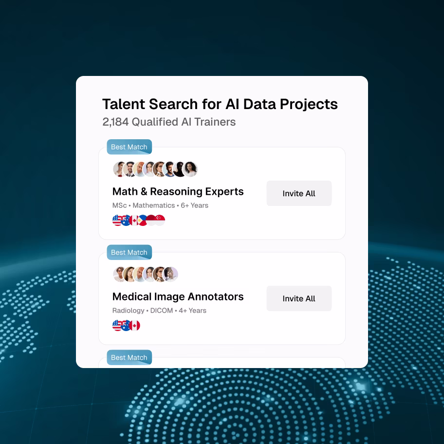 OpenTrain AI talent search for AI data projects showing shortlists of Math and Reasoning AI Trainers and Medical Annotators with credentials and Invite All buttons.