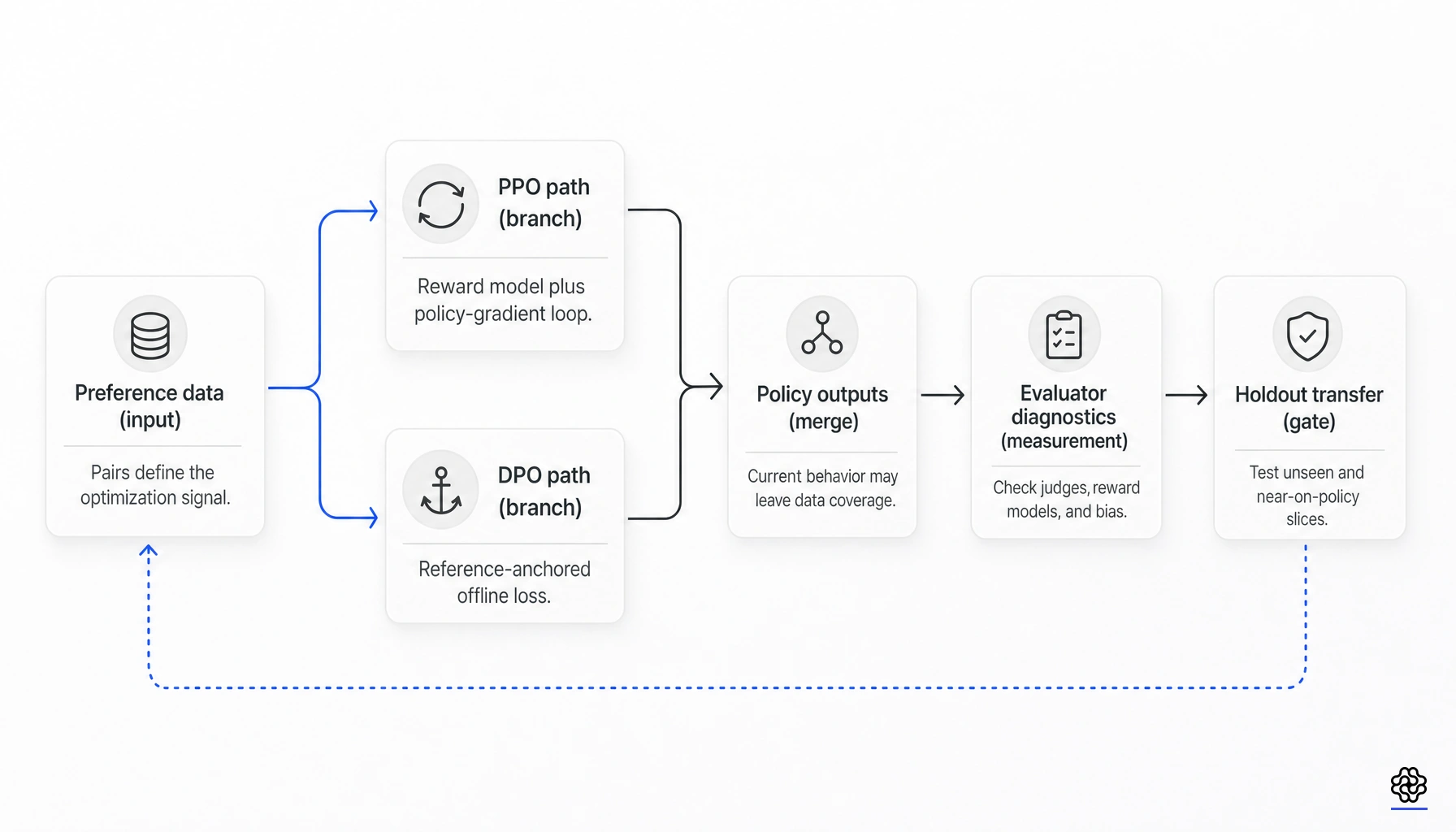 Flow diagram showing preference data branching into PPO and DPO paths, then rejoining at policy outputs, evaluator diagnostics, and holdout transfer.